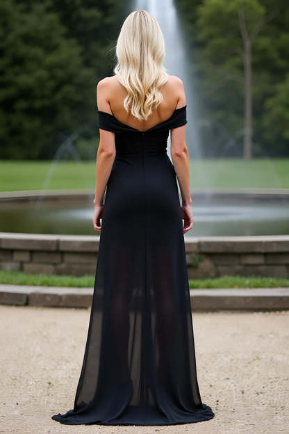 Elegant Off the Shoulder Black Sheath Long Bridesmaid Dress