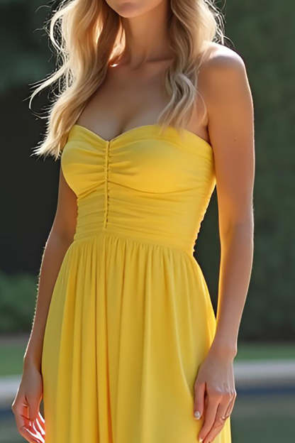 Strapless Sweetheart Yellow A Line Long Bridesmaid Dress with Slit