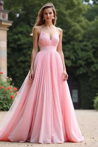 Leely Women A Line Pleated Pink Bridesmaid Dress Spaghetti Straps V-Neck Chiffon Long Wedding Guest Dress