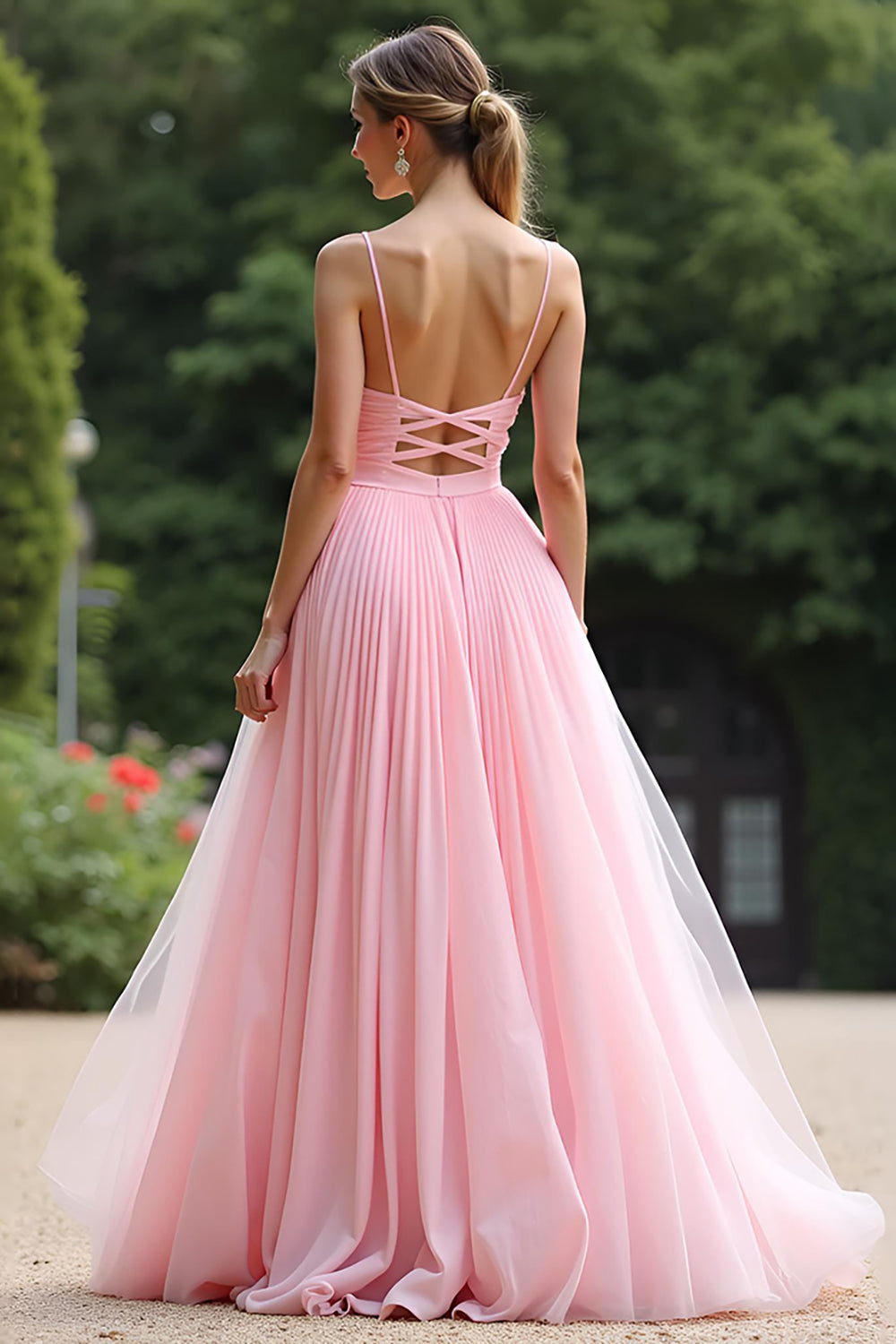 A Line Pink V-Neck Spaghetti Straps Pleated Long Bridesmaid Dress