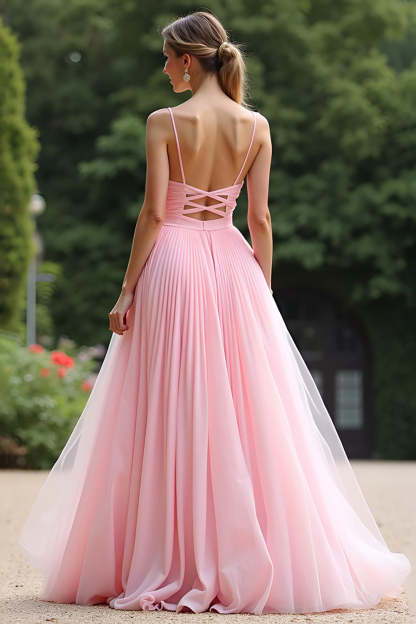 A Line Pink V-Neck Spaghetti Straps Pleated Long Bridesmaid Dress