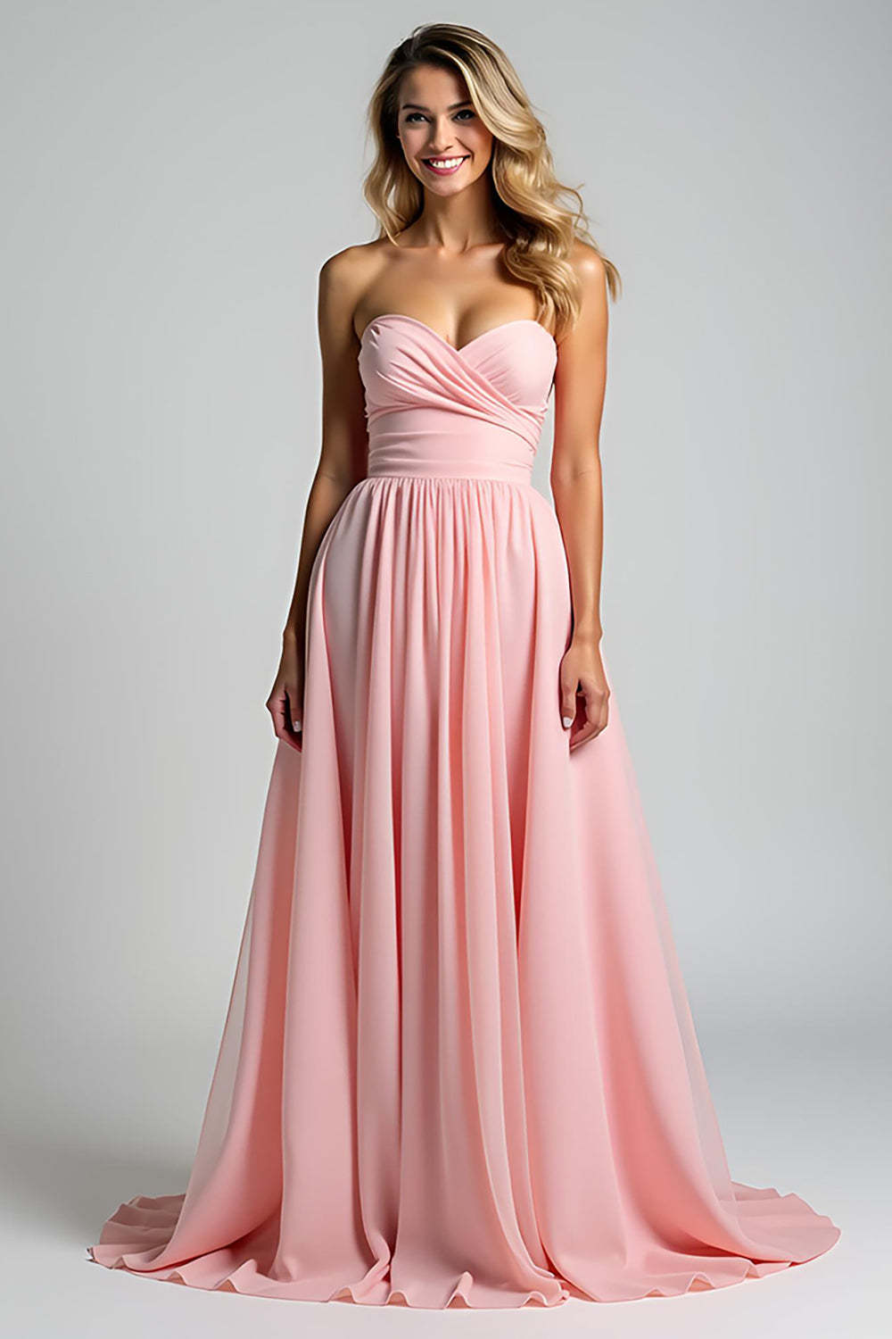 Leely Women A Line Pink Sweetheart Pleated Bridesmaid Dress Chiffon Long Wedding Guest Dress