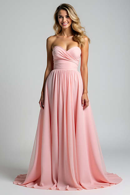 Leely Women A Line Pink Sweetheart Pleated Bridesmaid Dress Chiffon Long Wedding Guest Dress
