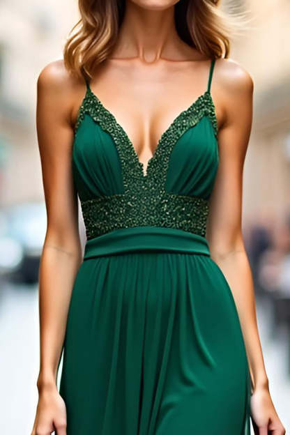 Dark Green V Neck Sheath Long Bridesmaid Dress with Slit