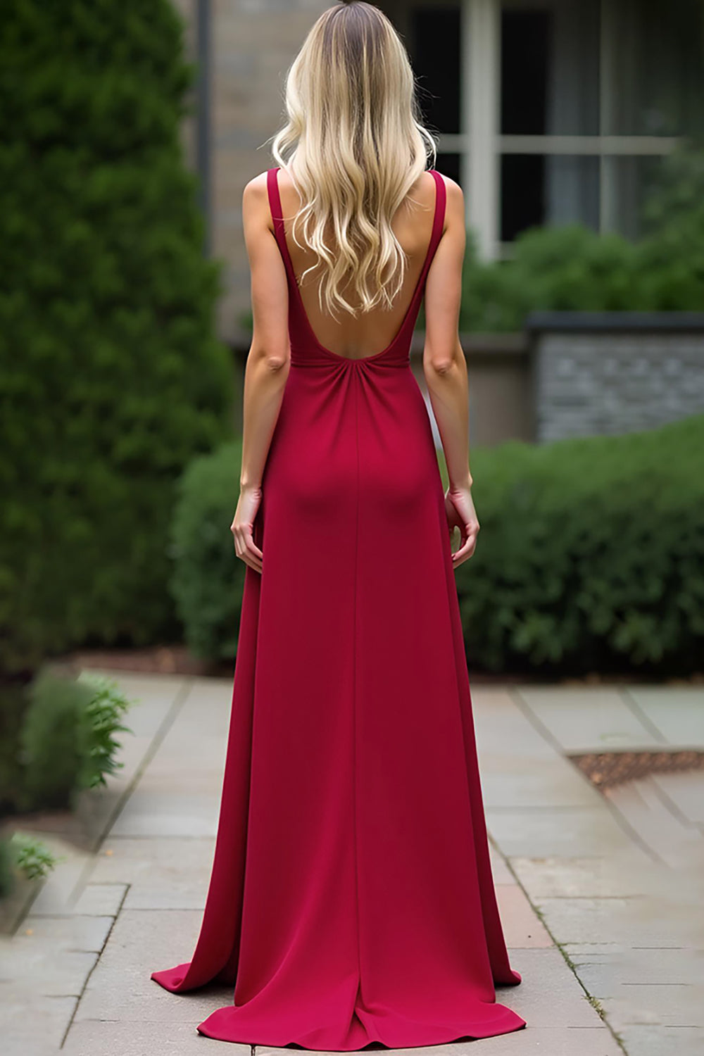 V-Neck Spaghetti Straps Burgundy A Line Long Bridesmaid Dress
