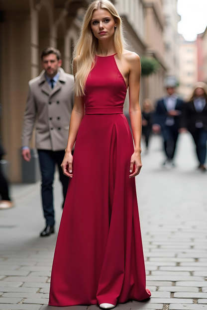 Leely Women Halter Burgundy Sheath Bridesmaid Dress Backless Floor Length Wedding Guest Dress