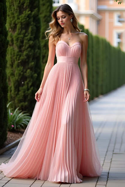 Leely Women A Line Pink Pleated Sweetheart Bridesmaid Dress Chiffon Strapless High Waist Long Wedding Guest Dress