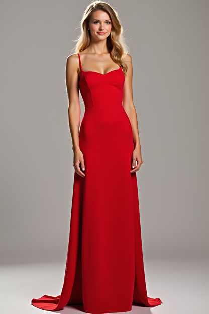 Leely Women Elegant Sheath Red Bridesmaid Dress Backless Spaghetti Straps Satin Long Wedding Guest Dress