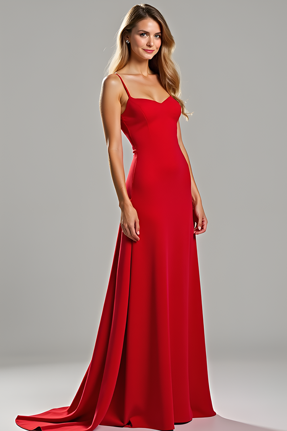 Elegant Sheath Red Spaghetti Straps Long Bridesmaid Dress
