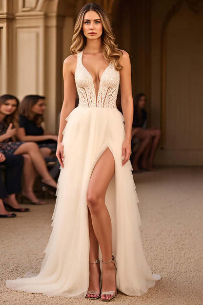 Leely Women White A Line Long Tiered Prom Dress with Slit Deep V-Neck Sequined Formal Dress
