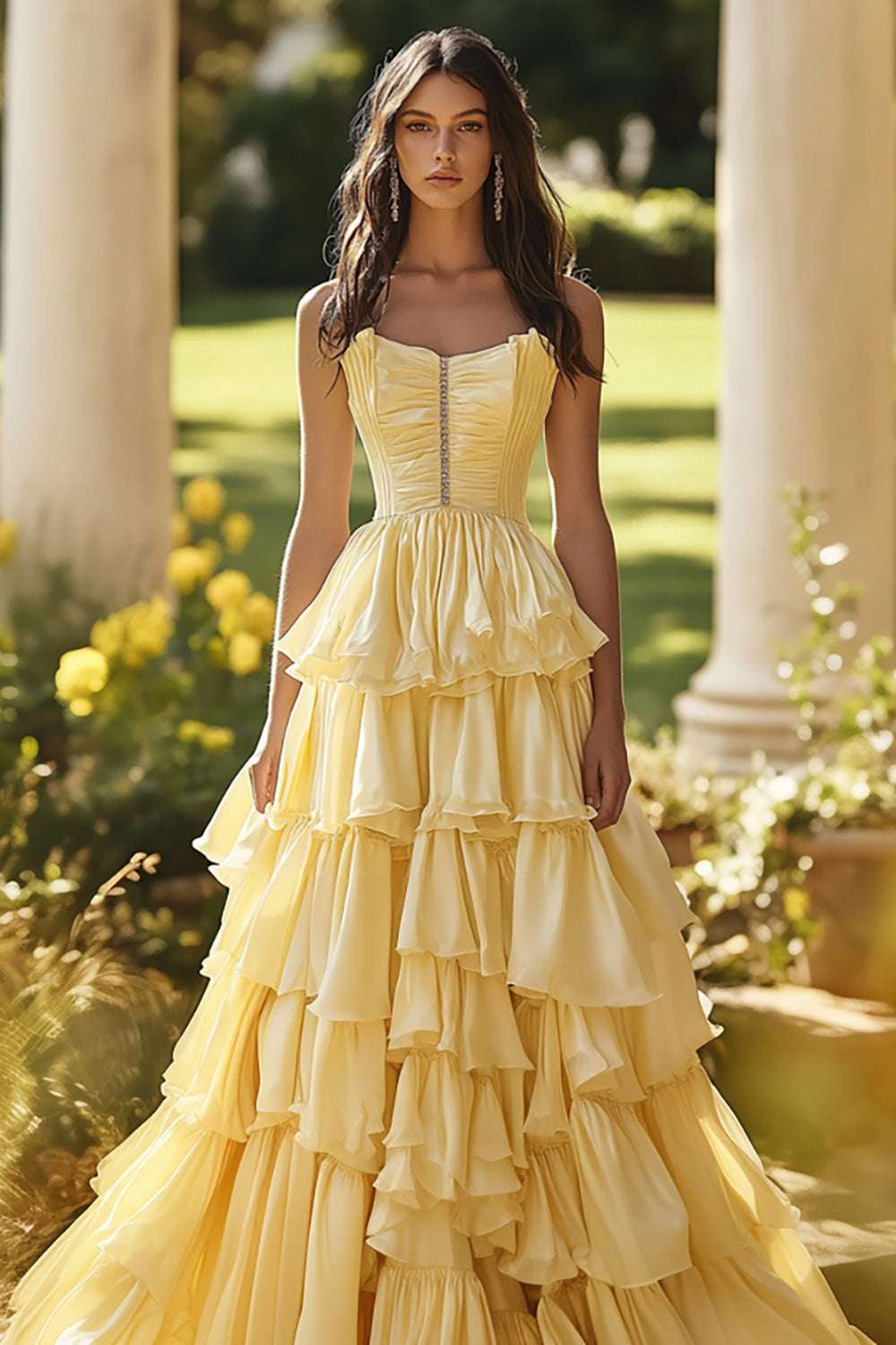 Leely Women Light Yellow A Line Ruffles Ball Gown Strapless Long Prom Dress Tiered Formal Dress