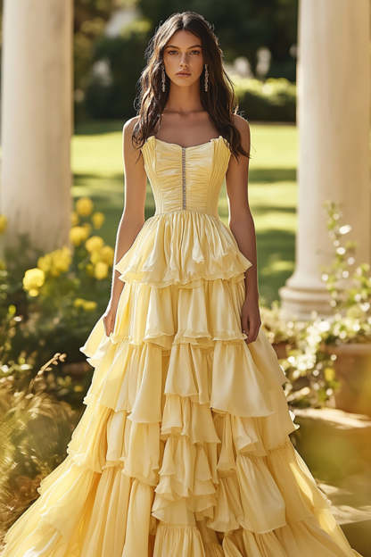 Leely Women Light Yellow A Line Ruffles Ball Gown Strapless Long Prom Dress Tiered Formal Dress