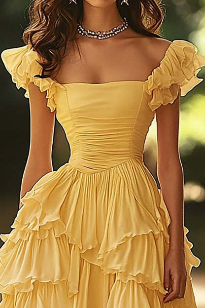 Light Yellow Ball Gown Tiered Ruched Long Prom Dress with Ruffles