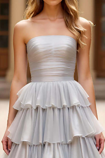 Silver Strapless Ball Gown Tiered Floor Length Prom Dress