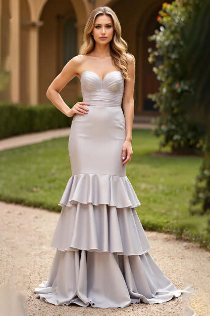 Leely Women Silver Mermaid Sweetheart Prom Dress Tiered Strapless Long Satin Formal Dress