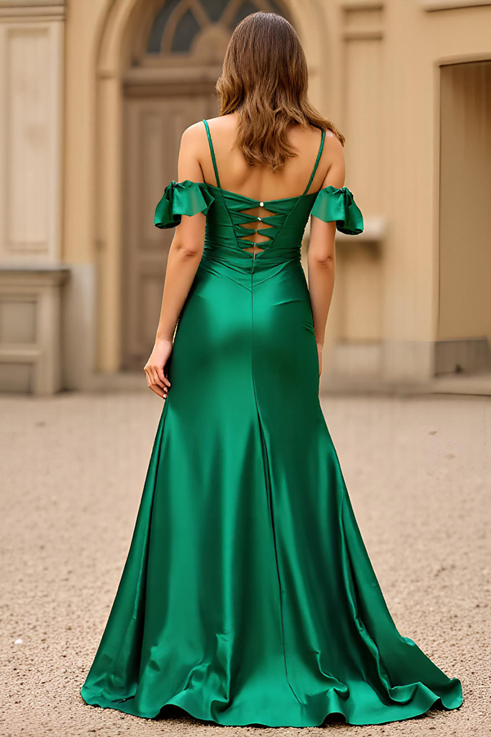 Dark Green Sheath Corset Long Satin Prom Dress with Slit