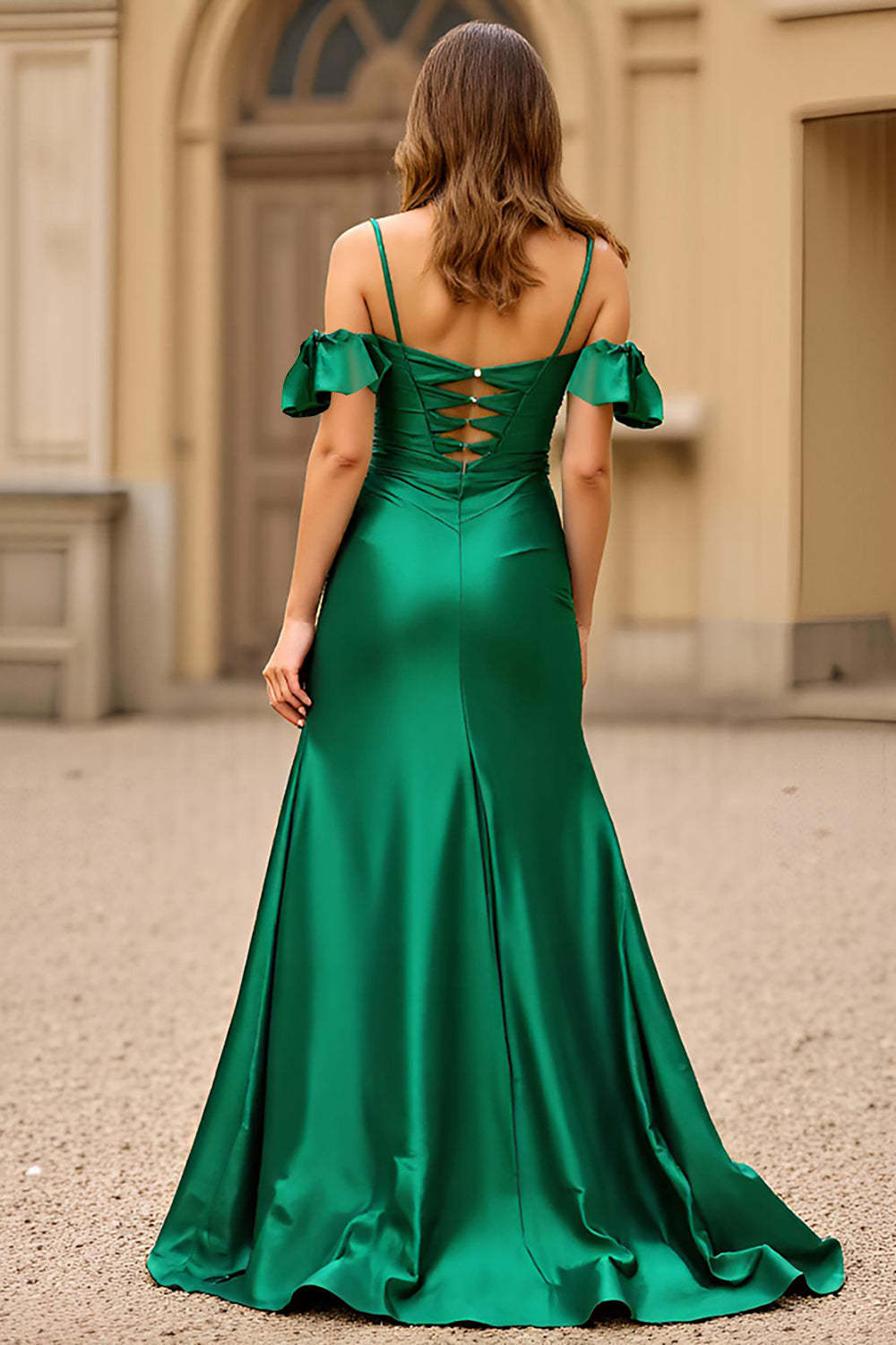 Dark Green Sheath Corset Long Satin Prom Dress with Slit