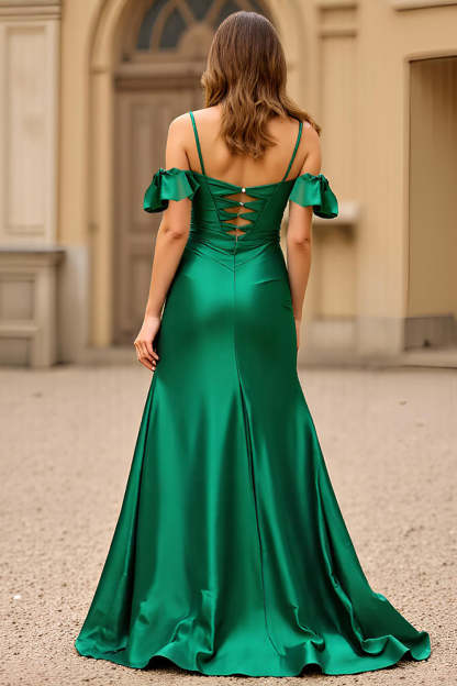 Dark Green Sheath Corset Long Satin Prom Dress with Slit