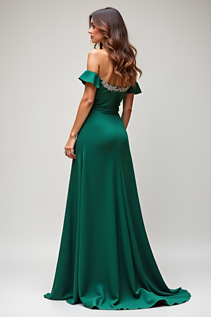 Dark Green Off the Shoulder Sheath Satin Beaded Prom Dress