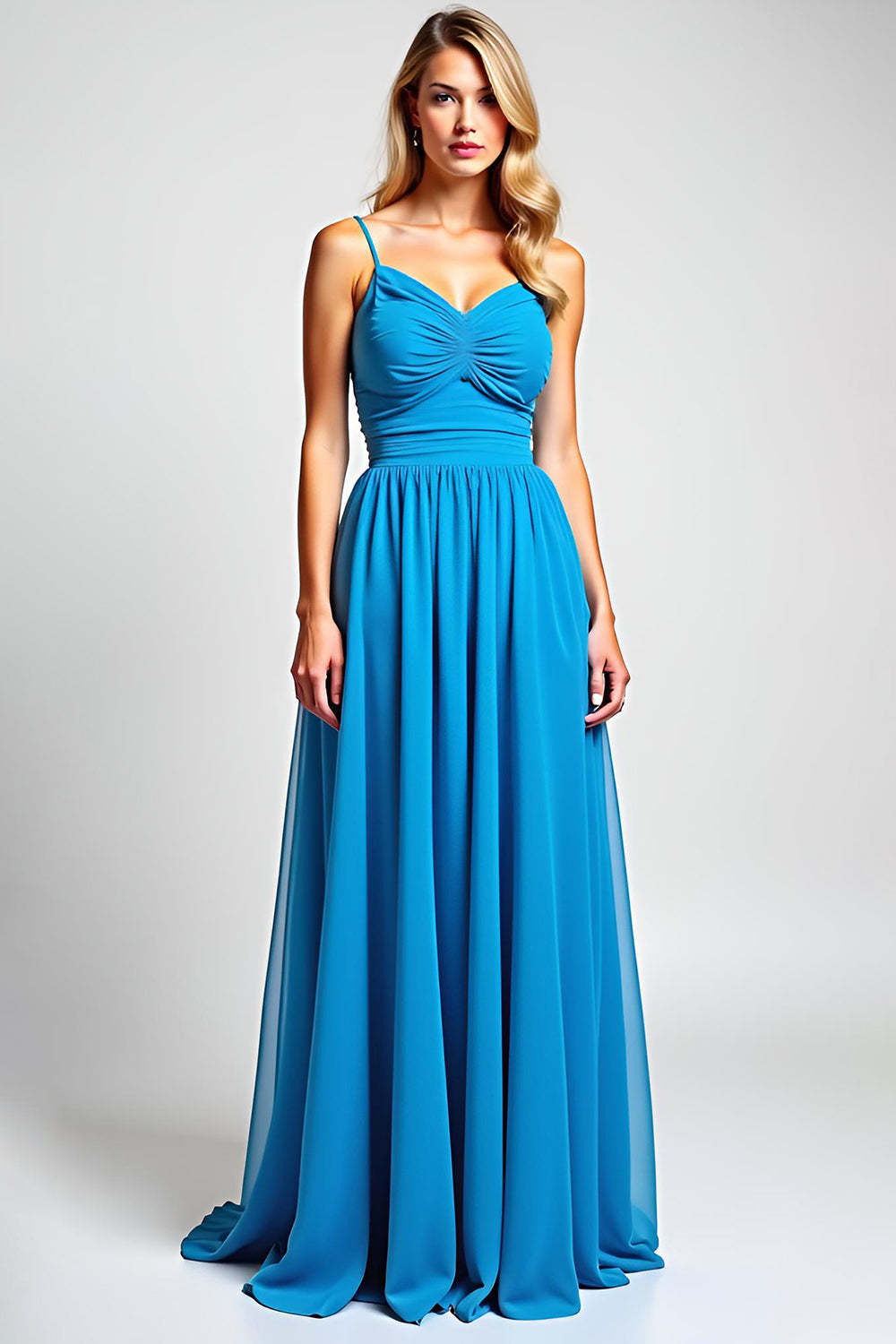 Leely Women Blue A Line Chiffon Long Bridesmaid Dress Spaghetti Straps Pleated Formal Dress