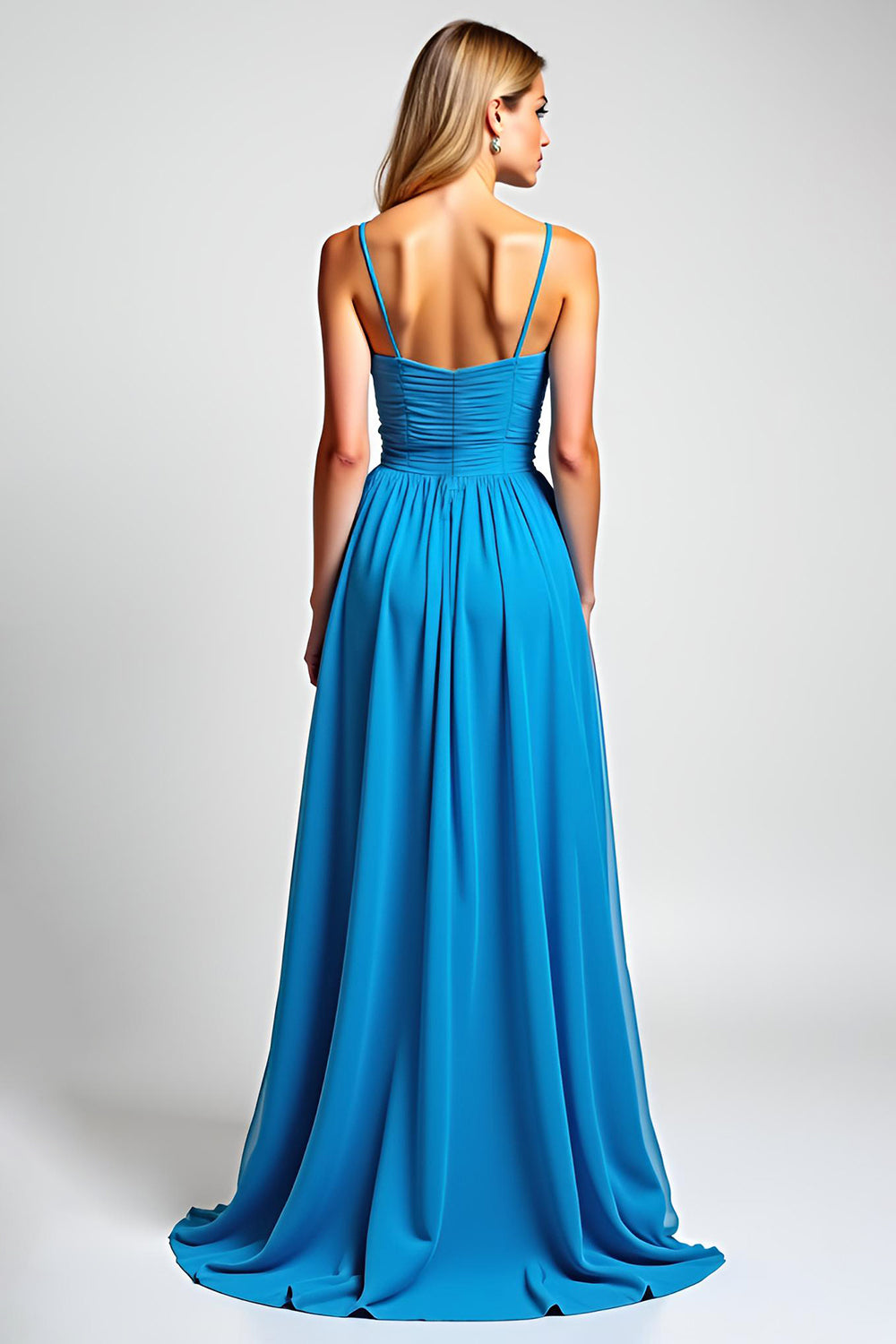 Blue Spaghetti Straps A Line Chiffon Long Bridesmaid Dress