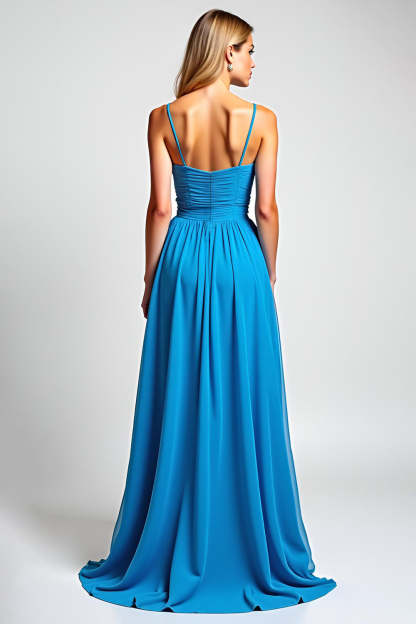 Blue Spaghetti Straps A Line Chiffon Long Bridesmaid Dress