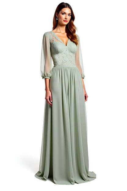 Leely Women Dusty Sage A Line Long Chiffon Bridesmaid Dress Sheer Sleeves V-Neck Appliqued Formal Dress
