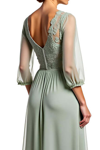 Dusty Sage A Line Sheer Sleeves Appliqued Long Bridesmaid Dress