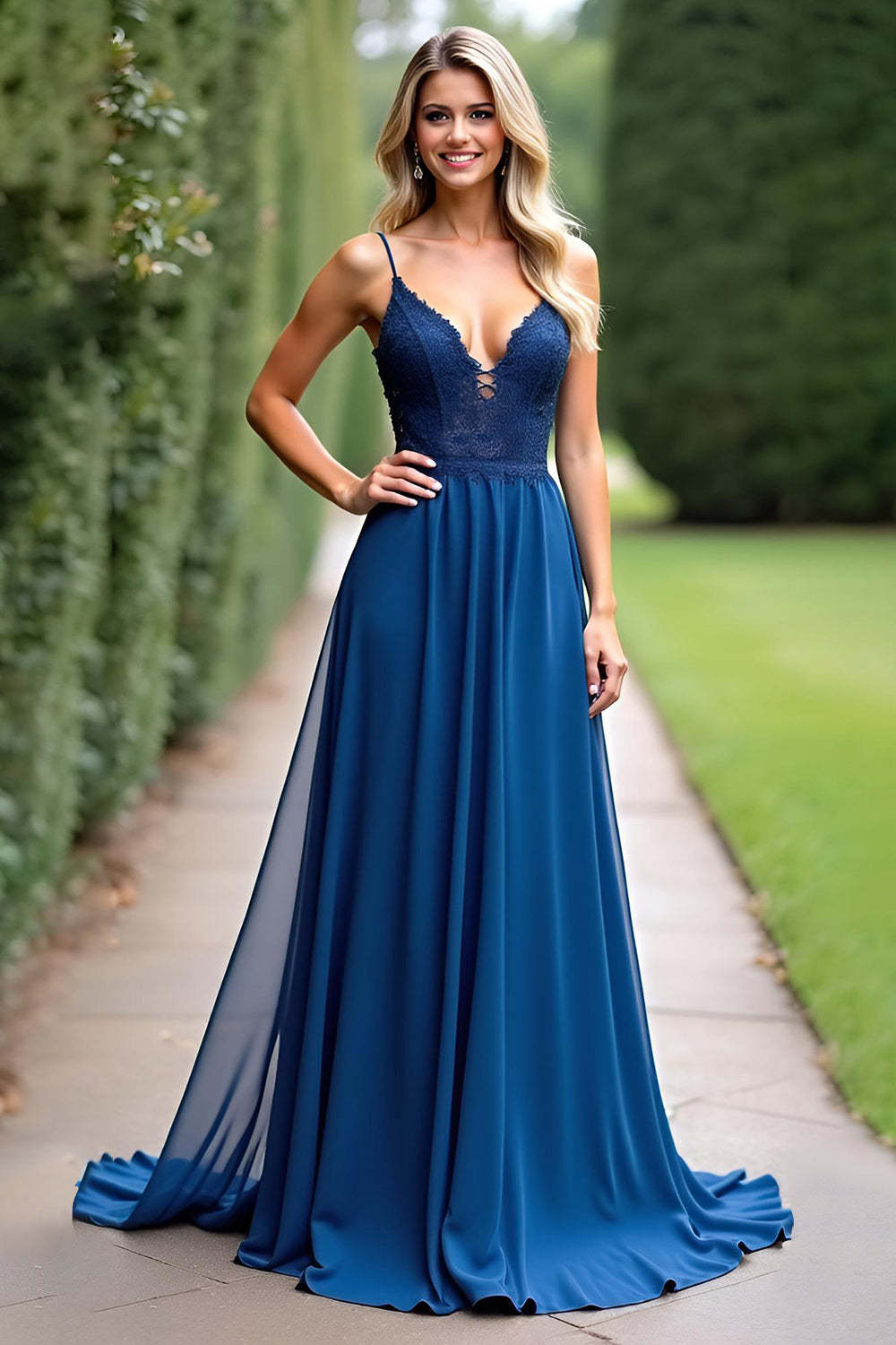 Leely Women Dark Blue A Line Chiffon Long Bridesmaid Dress V-Neck Spaghetti Straps Formal Dress