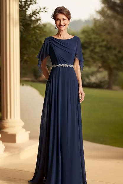 Leely Women Navy A Line Maxi Mother of the Bride Dress with Cape Scoop Neck Wedding Guest Dress
