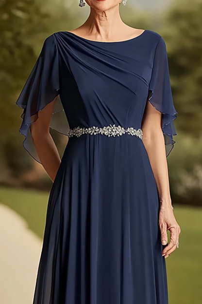 Navy Scoop Neck A Line Long Mother of the Bride Dress with Cape