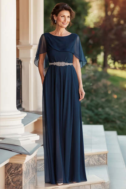 Leely Women Navy Long Beaded Chiffon Mother of the Bride Dress with Cape Scoop Neck Long Wedding Guest Dress