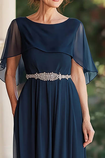 Navy Scoop Neck Long Mother of the Bride Dress with Cape