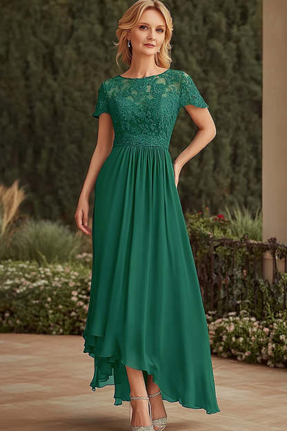 Leely Women Dark Green A Line Aysmmetrical Mother of the Bride Dress Appliqued Scoop Neck Short Sleeves Chiffon Wedding Guest Dress