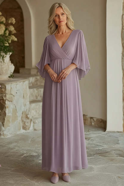 Leely Women Lilac Chiffon Long Mother of the Bride Dress V-Neck Flutter Sleeves Wedding Guest Dress