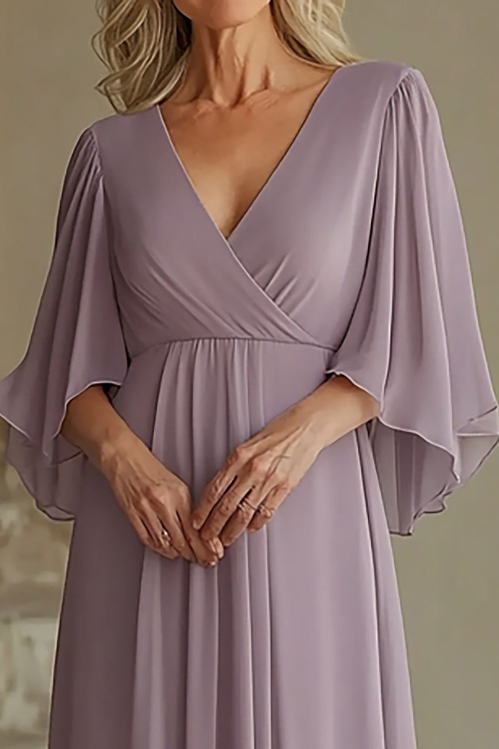 Lilac V-Neck Flutter Sleeves Long Mother of the Bride Dress