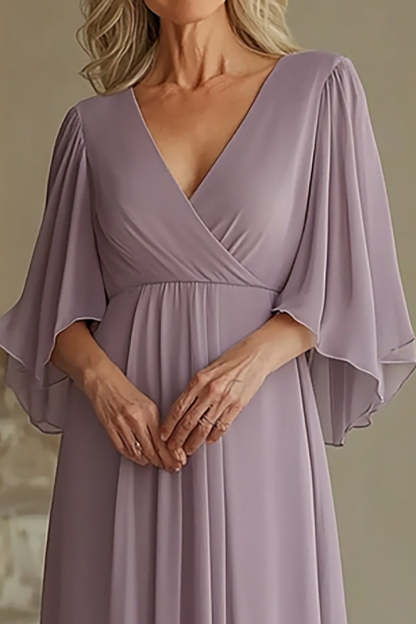 Lilac V-Neck Flutter Sleeves Long Mother of the Bride Dress