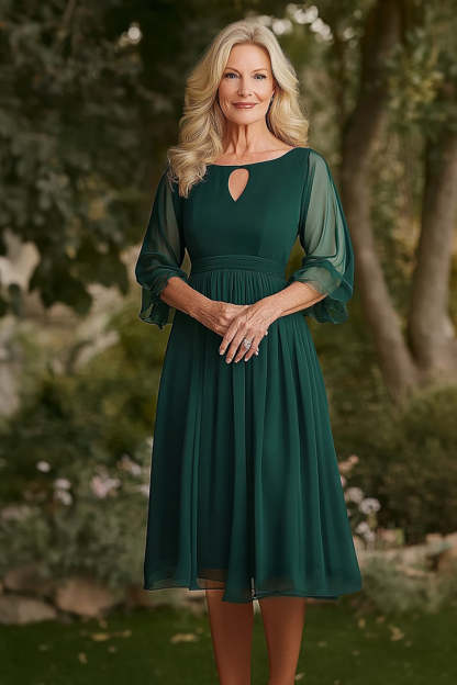Leely Women Dark Green A Line Chiffon Mother of the Bride Dress Scoop Neck Keyhole Half Sleeves Knee Length Mother Dress