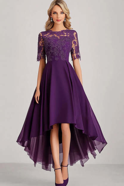 Leely Women Plum Chiffon A Line High Low Mother of the Bride Dress Lace Appliques Short Sleeves Wedding Guest Dress