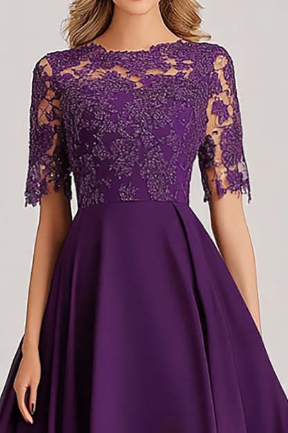 Plum A Line Lace Applique High Low Mother of the Bride Dress
