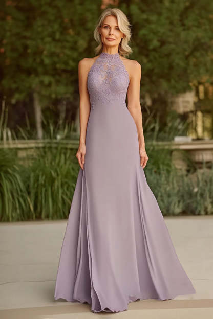 Leely Women Lilac Halter A Line Long Mother of the Bride Dress Lace Appliques Chiffon Wedding Guest Dress