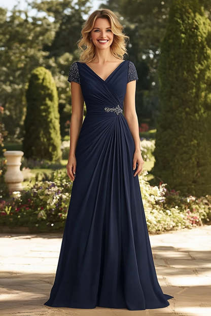 Leely Women Navy A Line Long Mother of the Bride Dress with Beading Ruched V-Neck Formal Dress