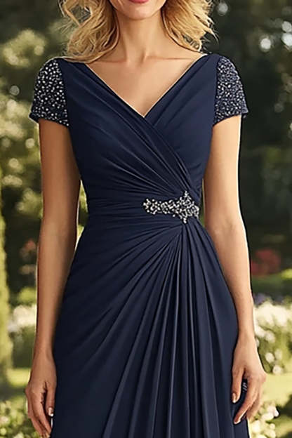 V-Neck A Line Navy Long Ruched Mother of the Bride Dress with Beading