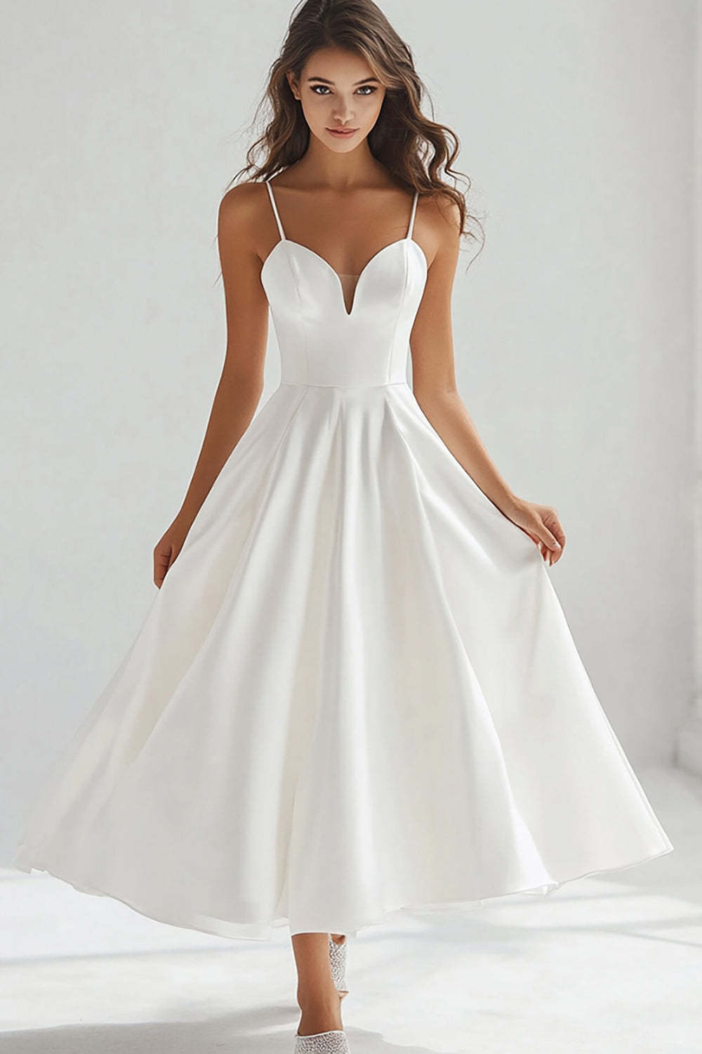 Leely Women White A Line Graduation Dress Spaghetti Straps Long Little White Dress