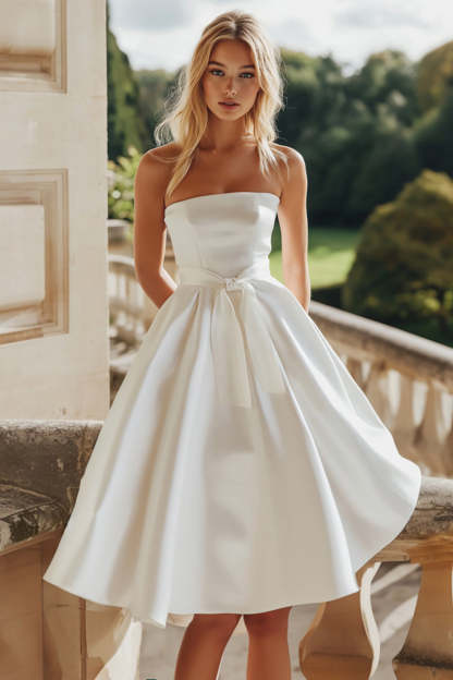 Leely Women White Strapless A Line Midi Graduation Dress with Sash Knee Length Satin Little White Dress