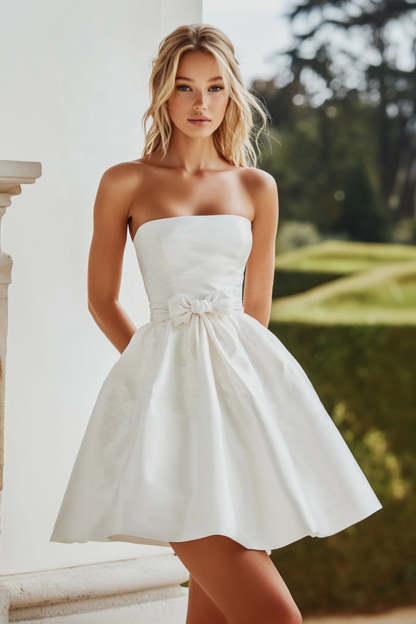 Cute White Strapless A Line Short Graduation Dress with Bowknot