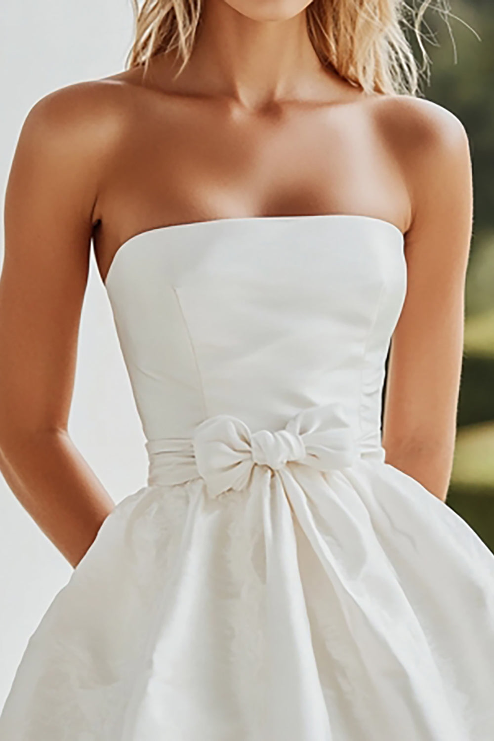 Cute White Strapless A Line Short Graduation Dress with Bowknot