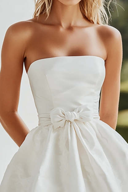 Cute White Strapless A Line Short Graduation Dress with Bowknot