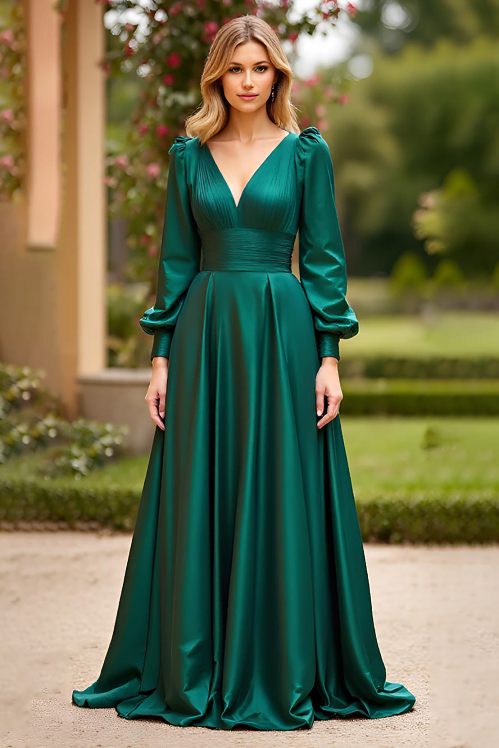 Leely Women Dark Green Satin A Line Prom Dress with Long Sleeves Ruched V-Neck Long Formal Dress