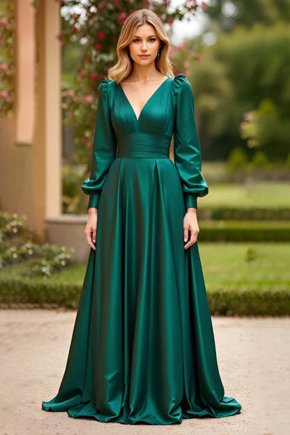 Leely Women Dark Green Satin A Line Prom Dress with Long Sleeves Ruched V-Neck Long Formal Dress